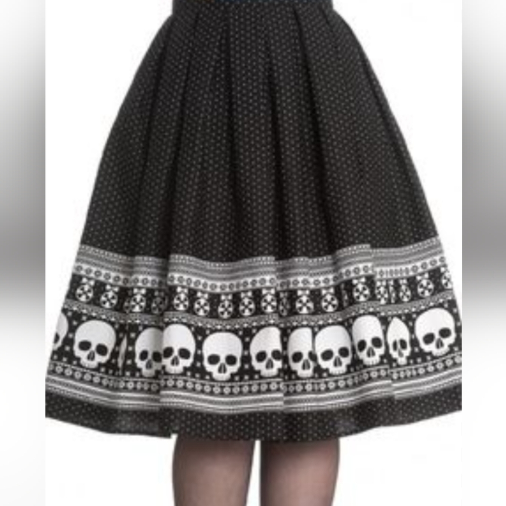HELL BUNNY Skull Ornament Black and White Polkadot A-line Skirt size L
